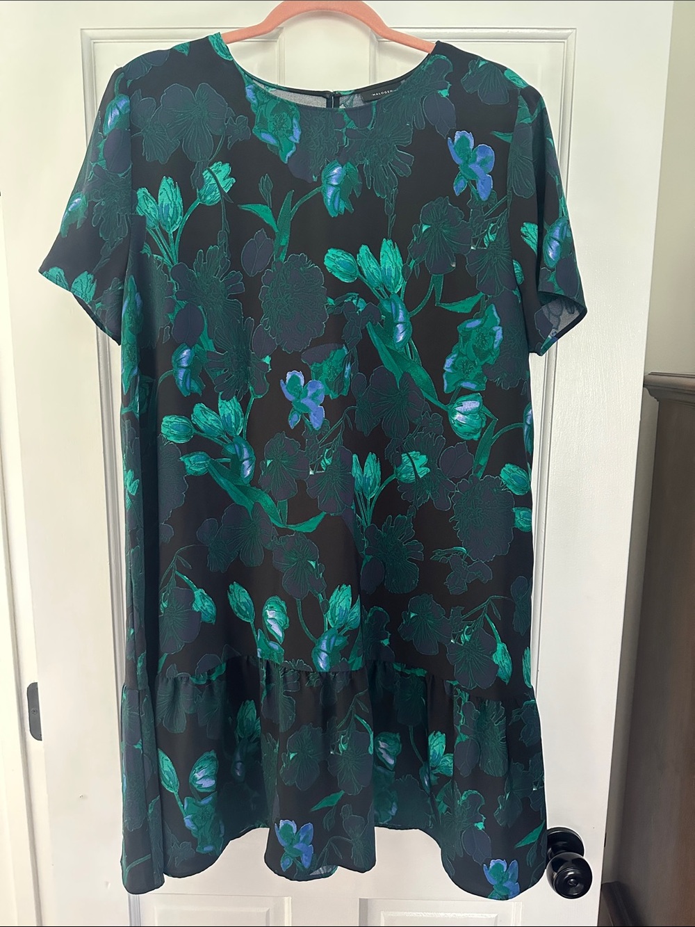 Halogen Black Mini Dress with Green & Teal Floral Print